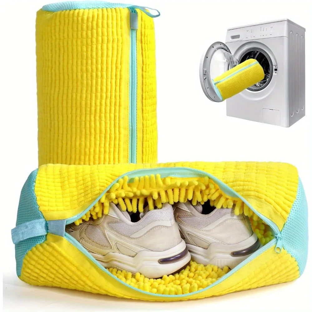 Waschbeutel für Schuhe, strapazierfähig, für alle Schuhtypen, gelb mit blauem Reißverschluss, ideal für Turnschuhe und Freizeitschuhe, Wäschesack