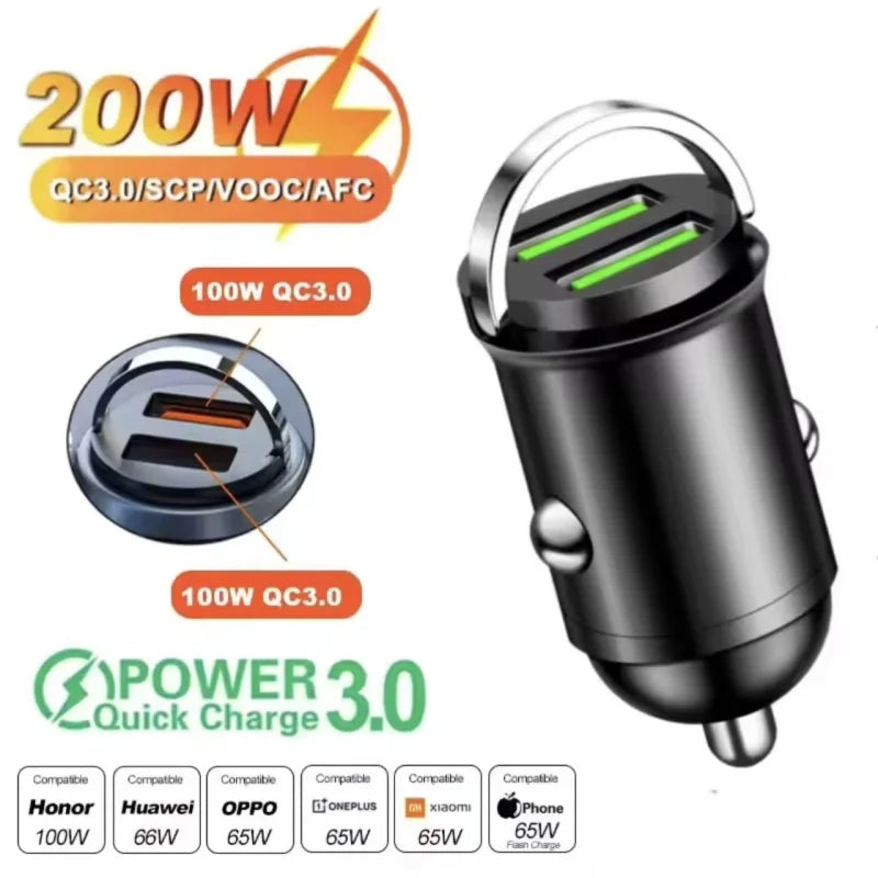 100W/200W QC3.0 PD Mini Auto Ladegerät 12-24V Zigarettenanzünder Schnelllade KFZ USB Typ C Ladegerät für Xiaomi Samsung Huawei iPhone Power