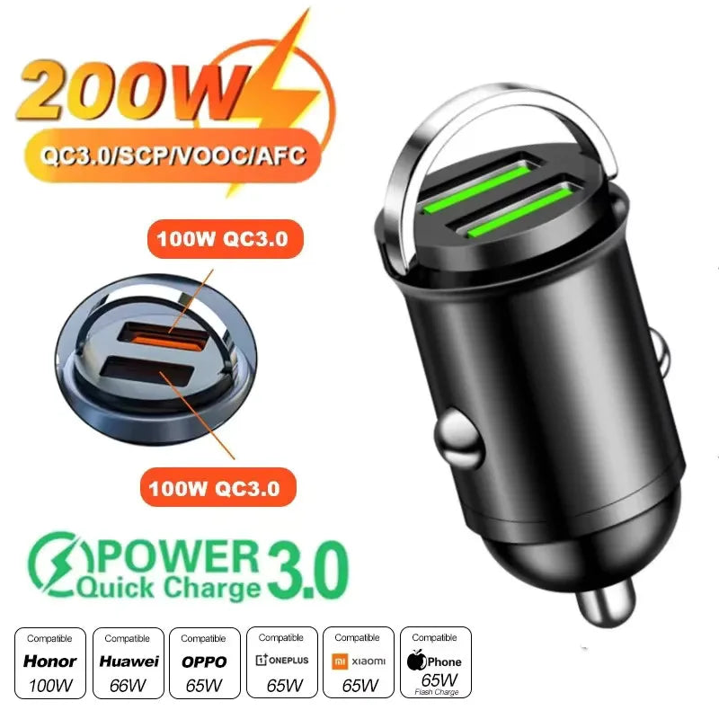 100W/200W QC3.0 PD Mini Auto Ladegerät 12-24V Zigarettenanzünder Schnelllade KFZ USB Typ C Ladegerät für Xiaomi Samsung Huawei iPhone Power