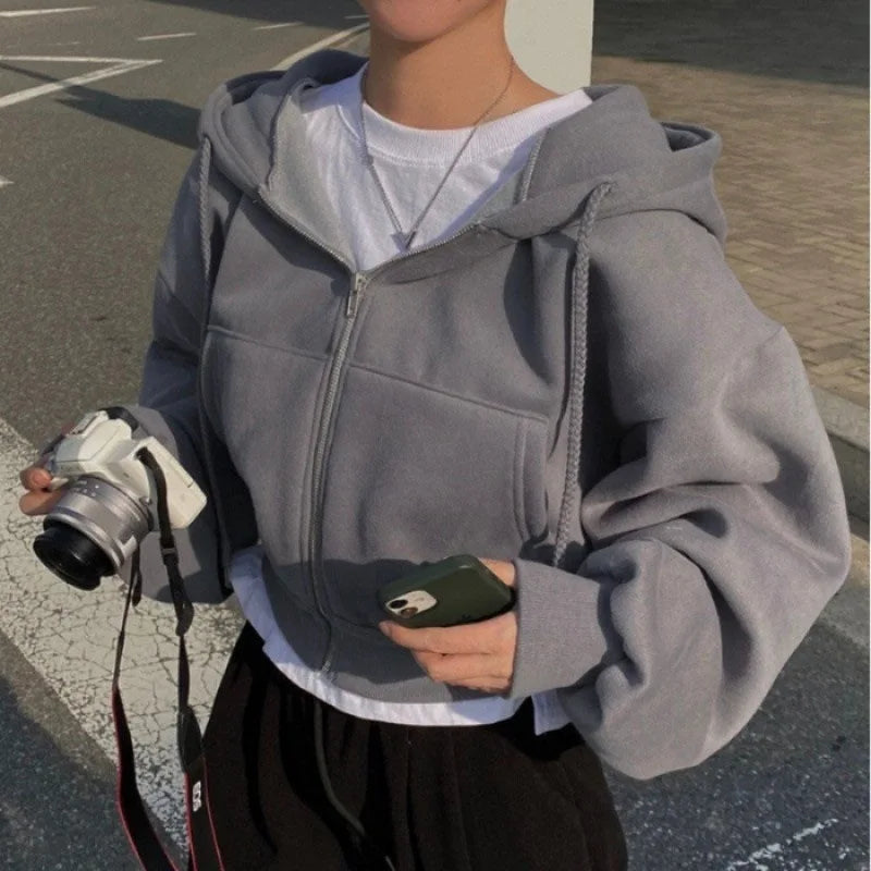 2024 Frühling Herbst Neue Insfleece-gefütterte vielseitige verkürzte, schlanke Silhouette mit Reißverschluss, warmes marineblaues Kapuzen-Sweatshirt für Damen