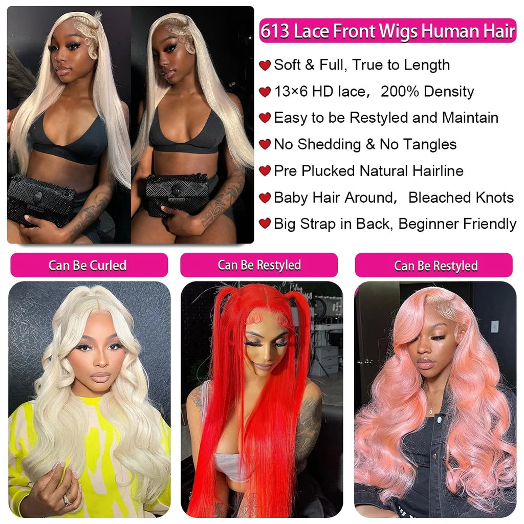 30 40 Zoll 613 Blonde Lace Front Echthaarperücken, knochenglatt, 13x4 13x6 HD Lace Frontal Wig vorgezupft 200 Dichte