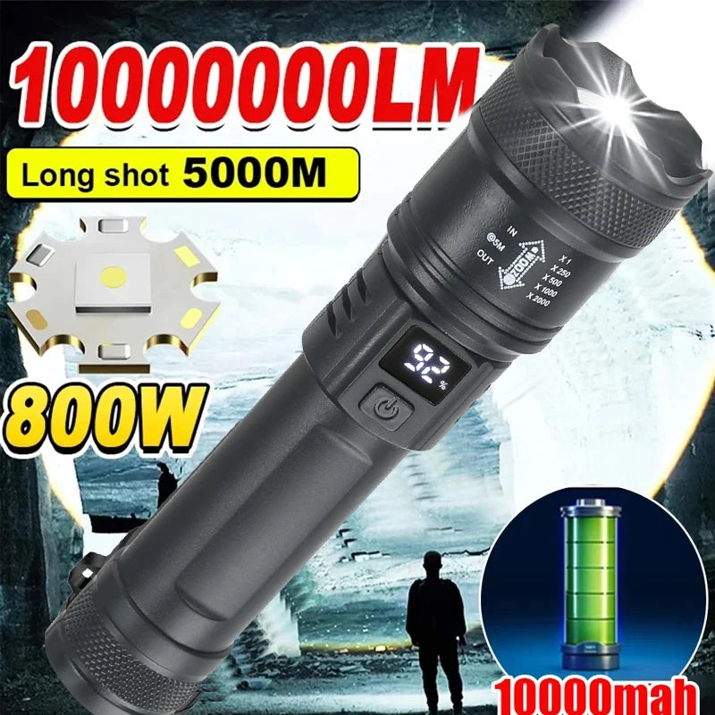 Leistungsstarke LED-Taschenlampen 2000LM taktische Taschenlampe mit Displaylicht USB-Ladefunktion Camping Angeln Notfall Zoom Laterne