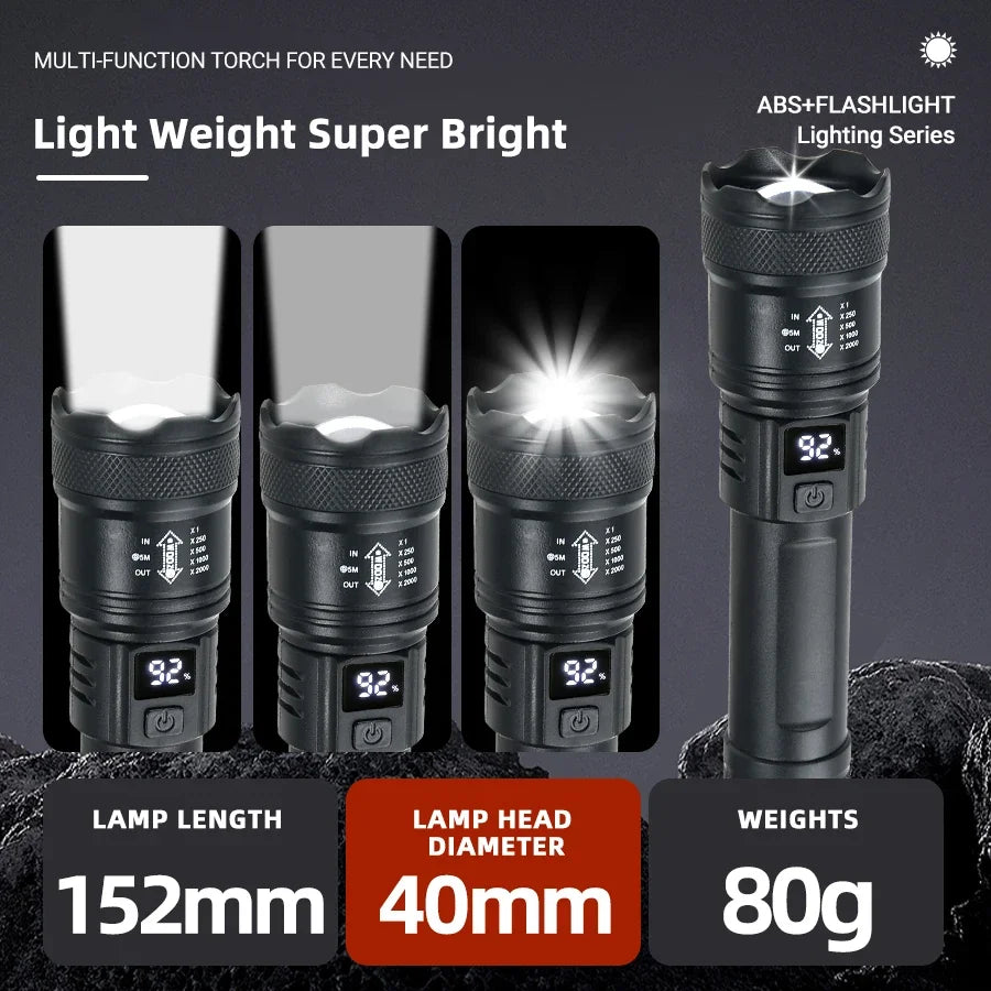 Leistungsstarke LED-Taschenlampen 2000LM taktische Taschenlampe mit Displaylicht USB-Ladefunktion Camping Angeln Notfall Zoom Laterne