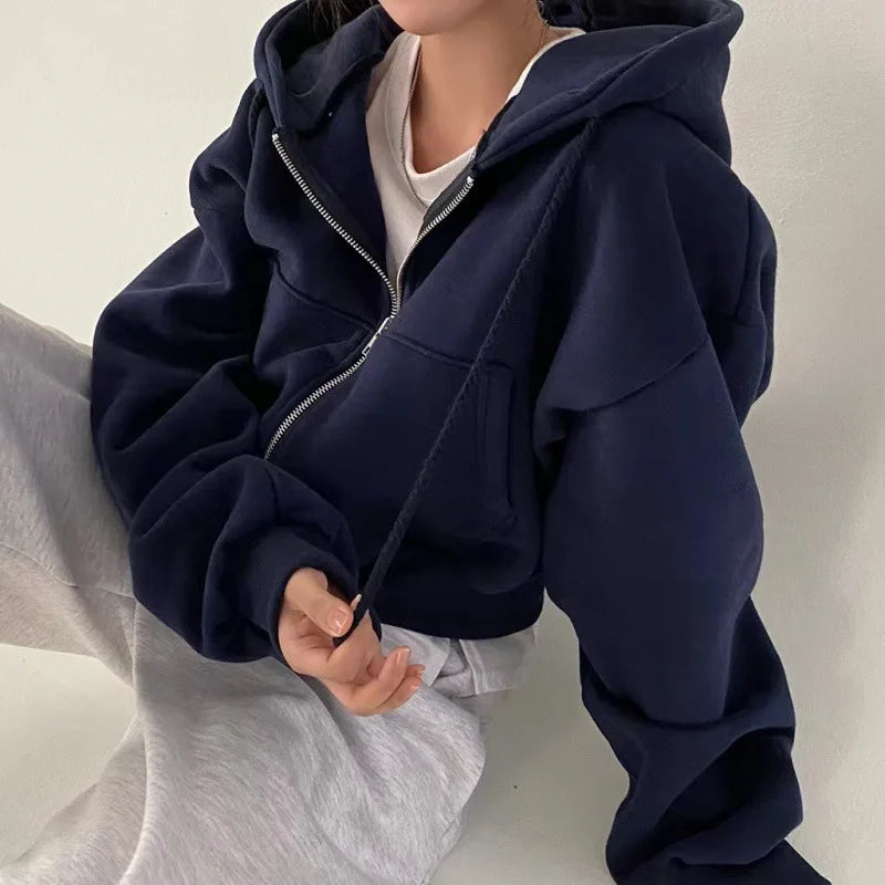2024 Frühling Herbst Neue Insfleece-gefütterte vielseitige verkürzte, schlanke Silhouette mit Reißverschluss, warmes marineblaues Kapuzen-Sweatshirt für Damen
