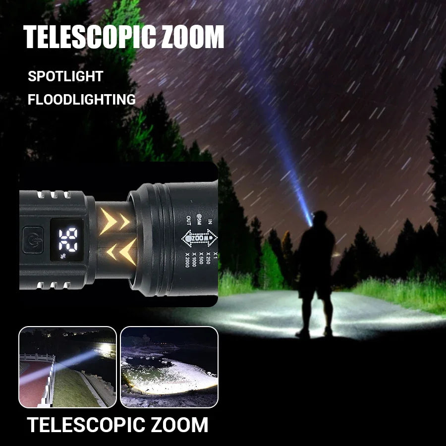 Leistungsstarke LED-Taschenlampen 2000LM taktische Taschenlampe mit Displaylicht USB-Ladefunktion Camping Angeln Notfall Zoom Laterne