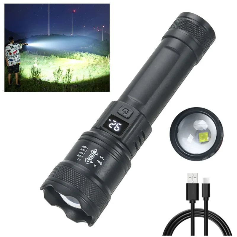 Leistungsstarke LED-Taschenlampen 2000LM taktische Taschenlampe mit Displaylicht USB-Ladefunktion Camping Angeln Notfall Zoom Laterne