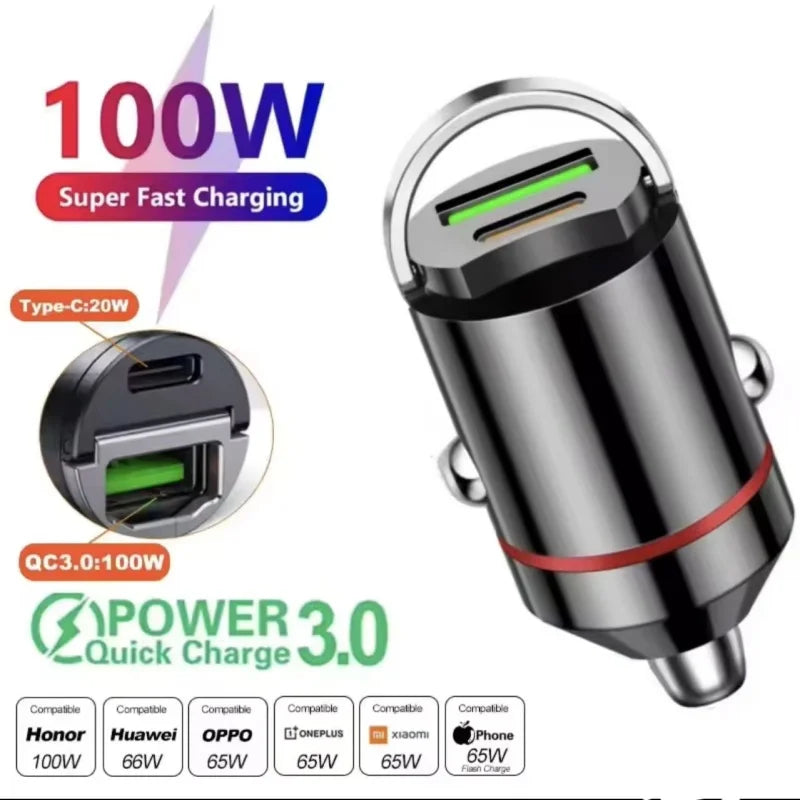 100W/200W QC3.0 PD Mini Auto Ladegerät 12-24V Zigarettenanzünder Schnelllade KFZ USB Typ C Ladegerät für Xiaomi Samsung Huawei iPhone Power