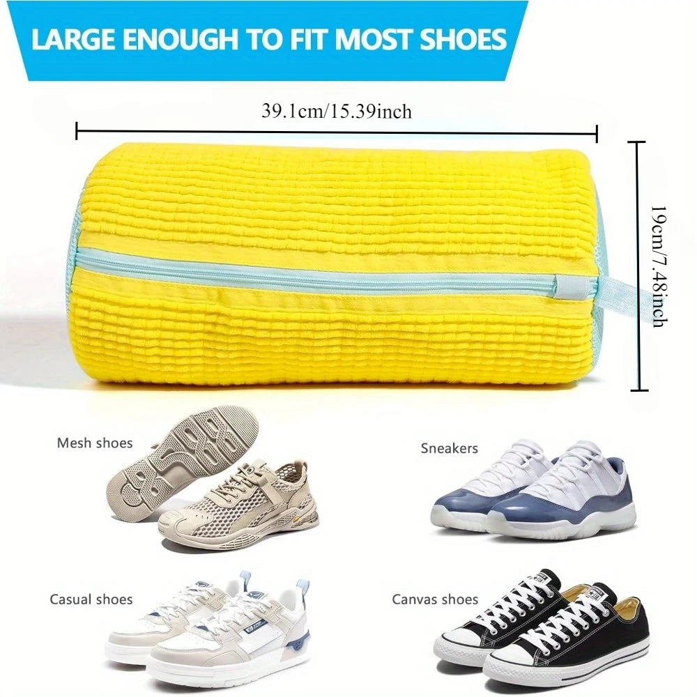 Waschbeutel für Schuhe, strapazierfähig, für alle Schuhtypen, gelb mit blauem Reißverschluss, ideal für Turnschuhe und Freizeitschuhe, Wäschesack