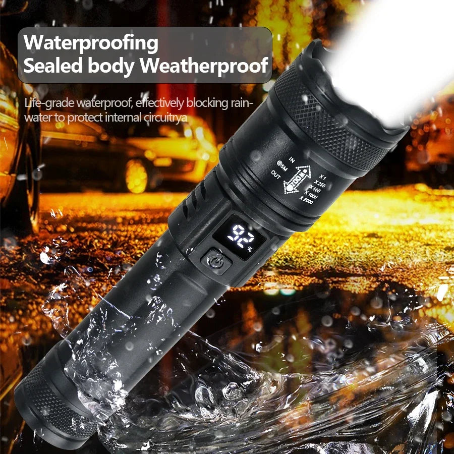 Leistungsstarke LED-Taschenlampen 2000LM taktische Taschenlampe mit Displaylicht USB-Ladefunktion Camping Angeln Notfall Zoom Laterne
