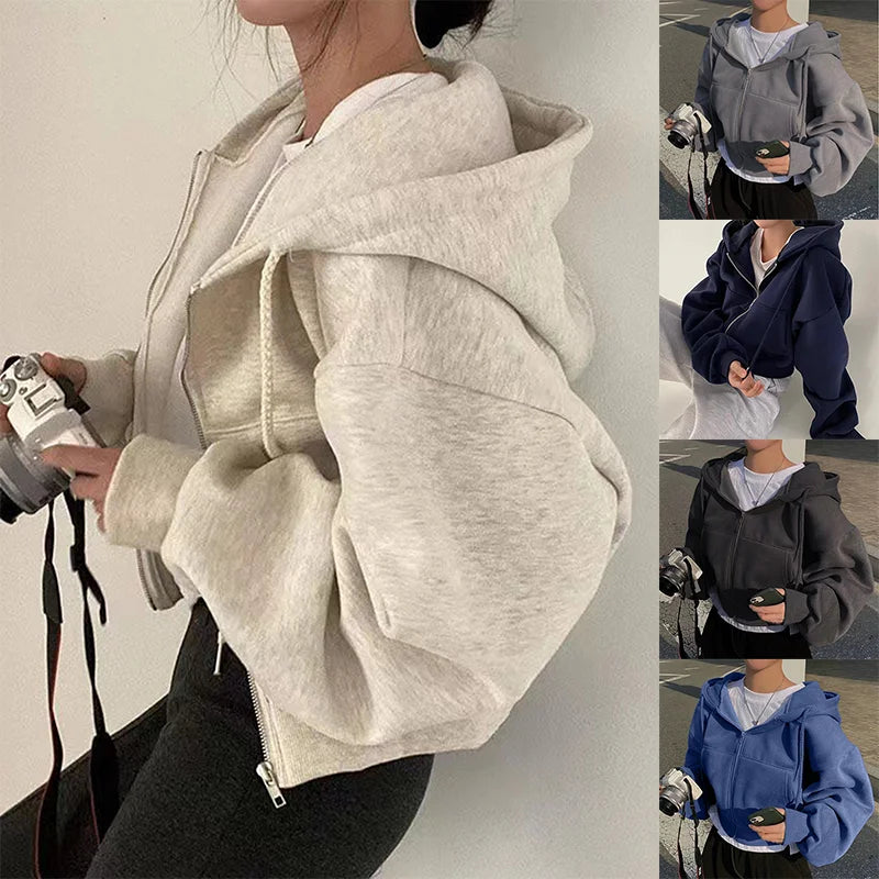 2024 Frühling Herbst Neue Insfleece-gefütterte vielseitige verkürzte, schlanke Silhouette mit Reißverschluss, warmes marineblaues Kapuzen-Sweatshirt für Damen