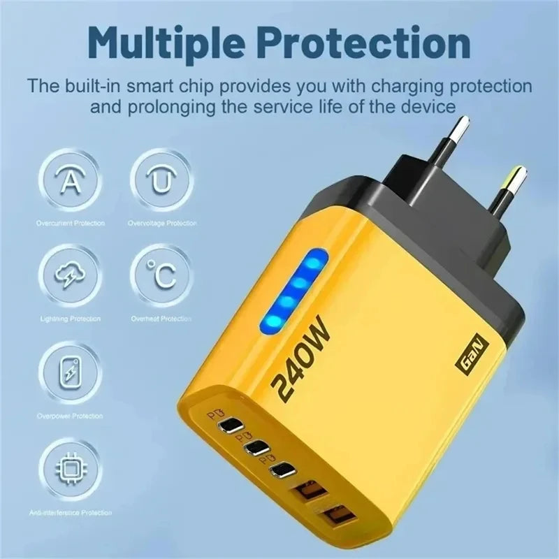 240W GaN USB C Ladegerät 5-in-1 Schnellladegerät Netzteil für iPhone Samsung Xiaomi Typ C EU/US Stecker Wandladegerät