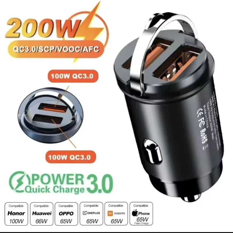 100W/200W QC3.0 PD Mini Auto Ladegerät 12-24V Zigarettenanzünder Schnelllade KFZ USB Typ C Ladegerät für Xiaomi Samsung Huawei iPhone Power