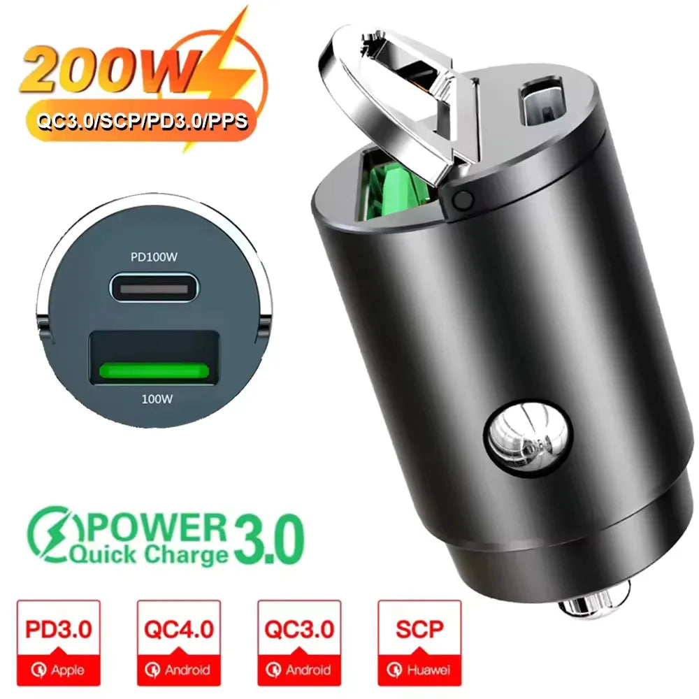100W/200W QC3.0 PD Mini Auto Ladegerät 12-24V Zigarettenanzünder Schnelllade KFZ USB Typ C Ladegerät für Xiaomi Samsung Huawei iPhone Power