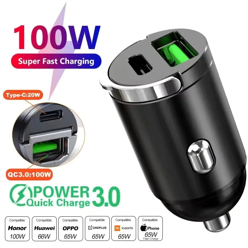 100W/200W QC3.0 PD Mini Auto Ladegerät 12-24V Zigarettenanzünder Schnelllade KFZ USB Typ C Ladegerät für Xiaomi Samsung Huawei iPhone Power