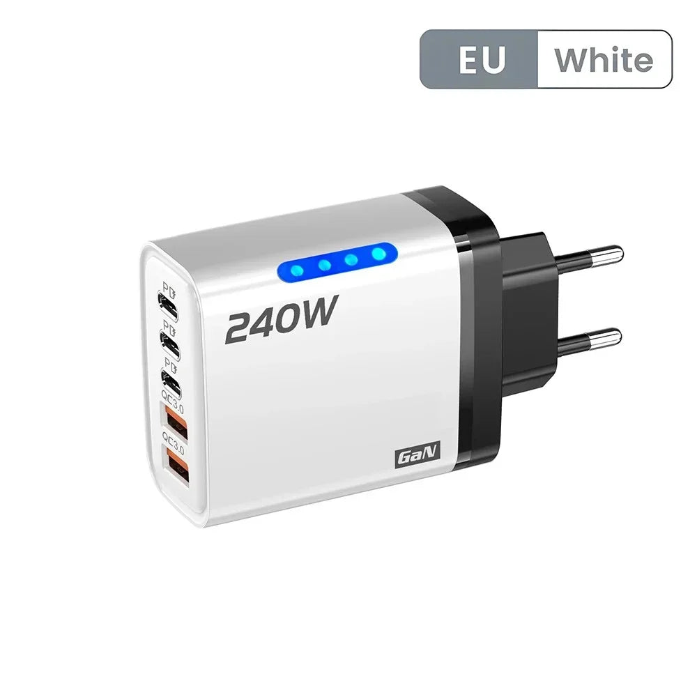 240W GaN USB C Ladegerät 5-in-1 Schnellladegerät Netzteil für iPhone Samsung Xiaomi Typ C EU/US Stecker Wandladegerät