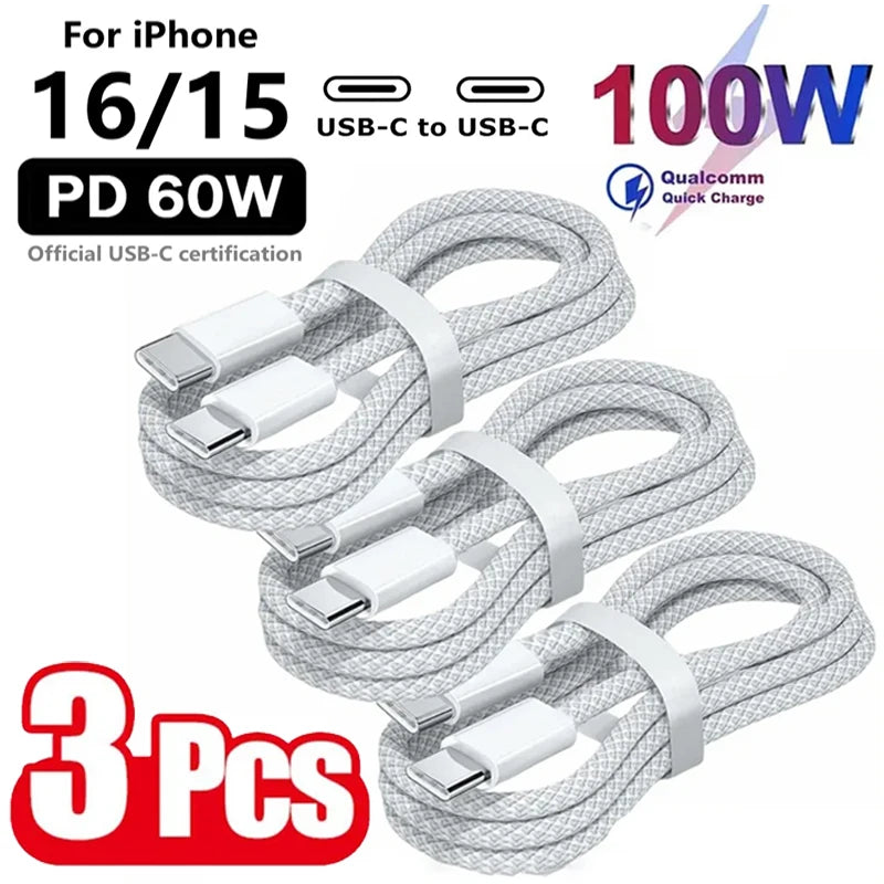 3er Pack USB C auf USB C Kabel, 100W Schnellladekabel, unterstützt schnelles Laden für iPhone 16 15 Samsung Xiaomi Huawei etc.