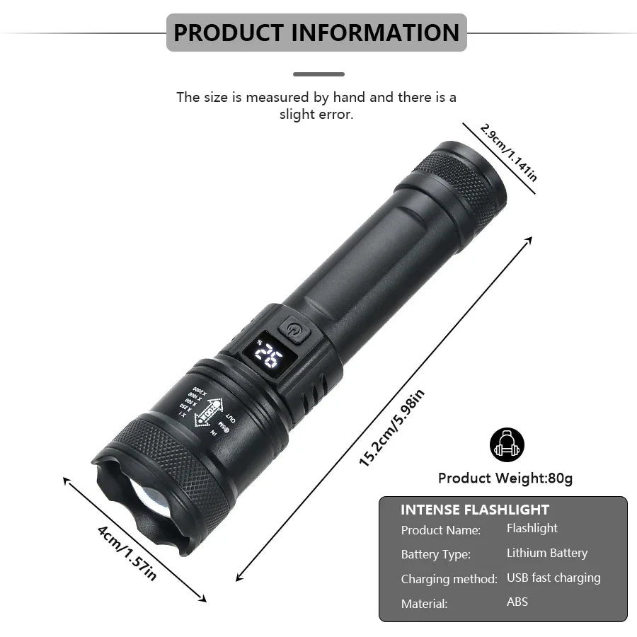 Leistungsstarke LED-Taschenlampen 2000LM taktische Taschenlampe mit Displaylicht USB-Ladefunktion Camping Angeln Notfall Zoom Laterne
