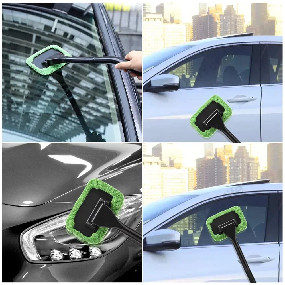 Auto-Fensterreinigungsbürsten-Set, Mikrofaser-Windschutzscheiben-Reinigungswerkzeug, Auto-Innenraum-Glaswischer, langer Griff, wiederverwendbares Stoffpad