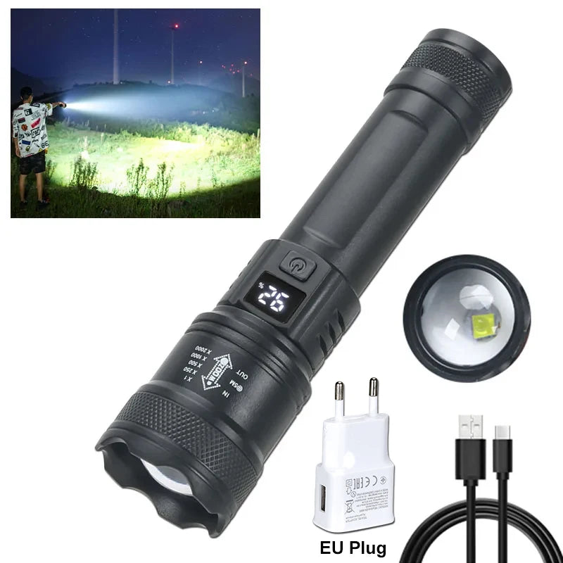 Leistungsstarke LED-Taschenlampen 2000LM taktische Taschenlampe mit Displaylicht USB-Ladefunktion Camping Angeln Notfall Zoom Laterne