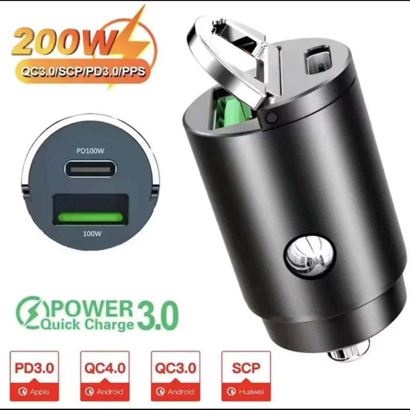 100W/200W QC3.0 PD Mini Auto Ladegerät 12-24V Zigarettenanzünder Schnelllade KFZ USB Typ C Ladegerät für Xiaomi Samsung Huawei iPhone Power