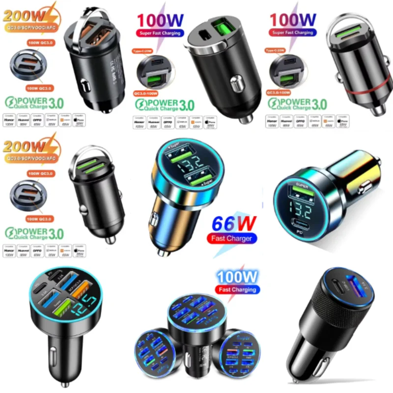 100W/200W QC3.0 PD Mini Auto Ladegerät 12-24V Zigarettenanzünder Schnelllade KFZ USB Typ C Ladegerät für Xiaomi Samsung Huawei iPhone Power