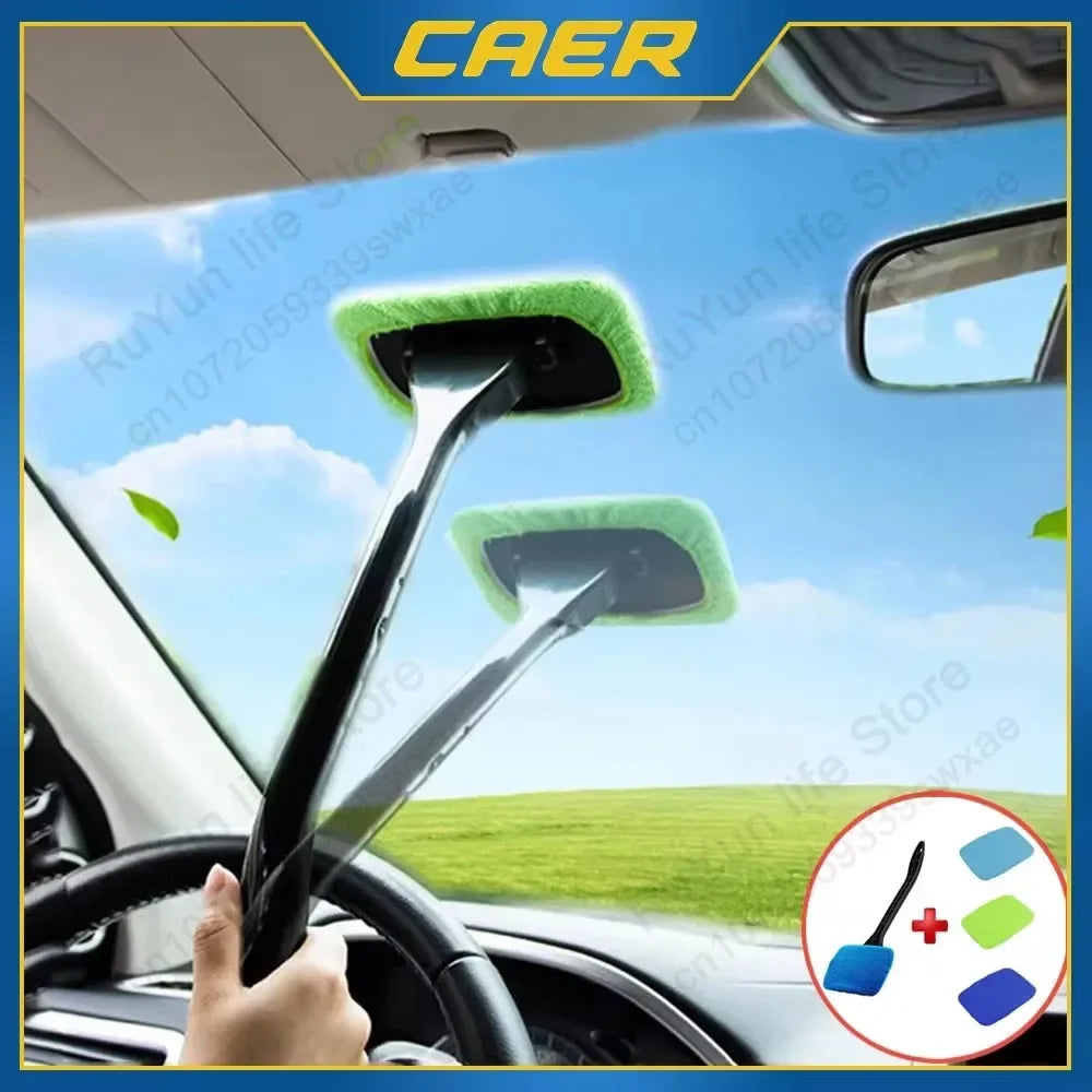 Auto-Fensterreinigungsbürsten-Set, Mikrofaser-Windschutzscheiben-Reinigungswerkzeug, Auto-Innenraum-Glaswischer, langer Griff, wiederverwendbares Stoffpad