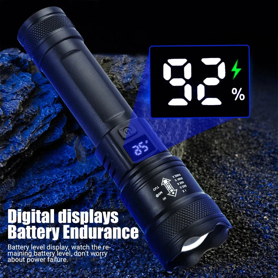 Leistungsstarke LED-Taschenlampen 2000LM taktische Taschenlampe mit Displaylicht USB-Ladefunktion Camping Angeln Notfall Zoom Laterne