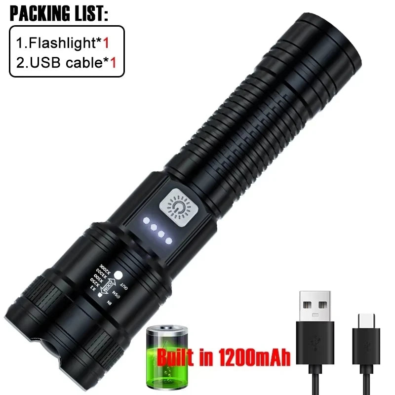 Leistungsstarke LED-Taschenlampen 2000LM taktische Taschenlampe mit Displaylicht USB-Ladefunktion Camping Angeln Notfall Zoom Laterne