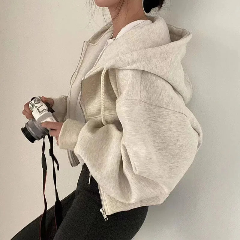 2024 Frühling Herbst Neue Insfleece-gefütterte vielseitige verkürzte, schlanke Silhouette mit Reißverschluss, warmes marineblaues Kapuzen-Sweatshirt für Damen