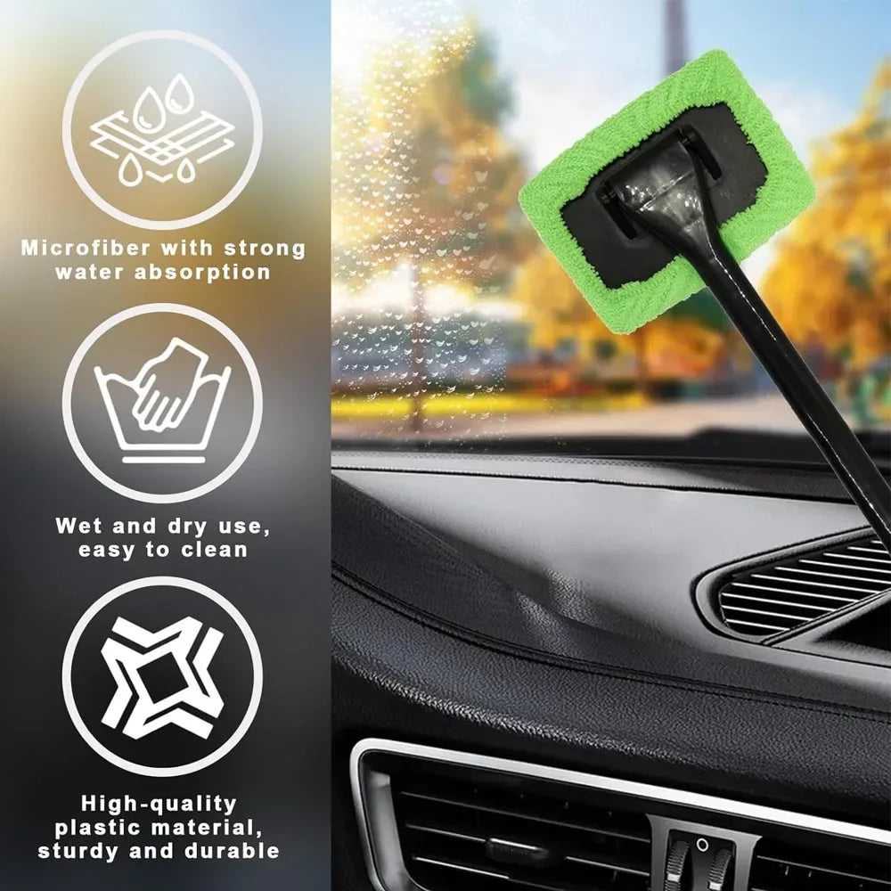 Auto-Fensterreinigungsbürsten-Set, Mikrofaser-Windschutzscheiben-Reinigungswerkzeug, Auto-Innenraum-Glaswischer, langer Griff, wiederverwendbares Stoffpad