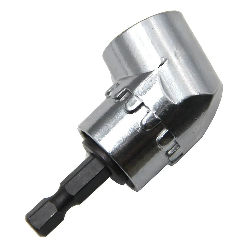 Adaptador de taladro en ángulo recto de metal plateado de Variedad Online para espacios reducidos.