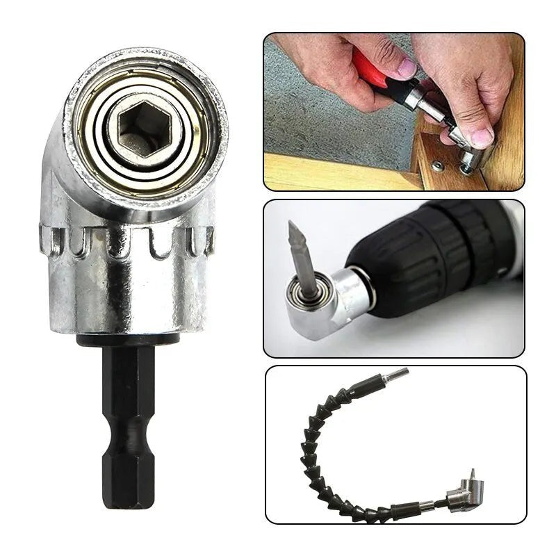 Adaptador de taladro en ángulo recto de metal plateado de Variedad Online para espacios reducidos. Incluye extensión flexible.