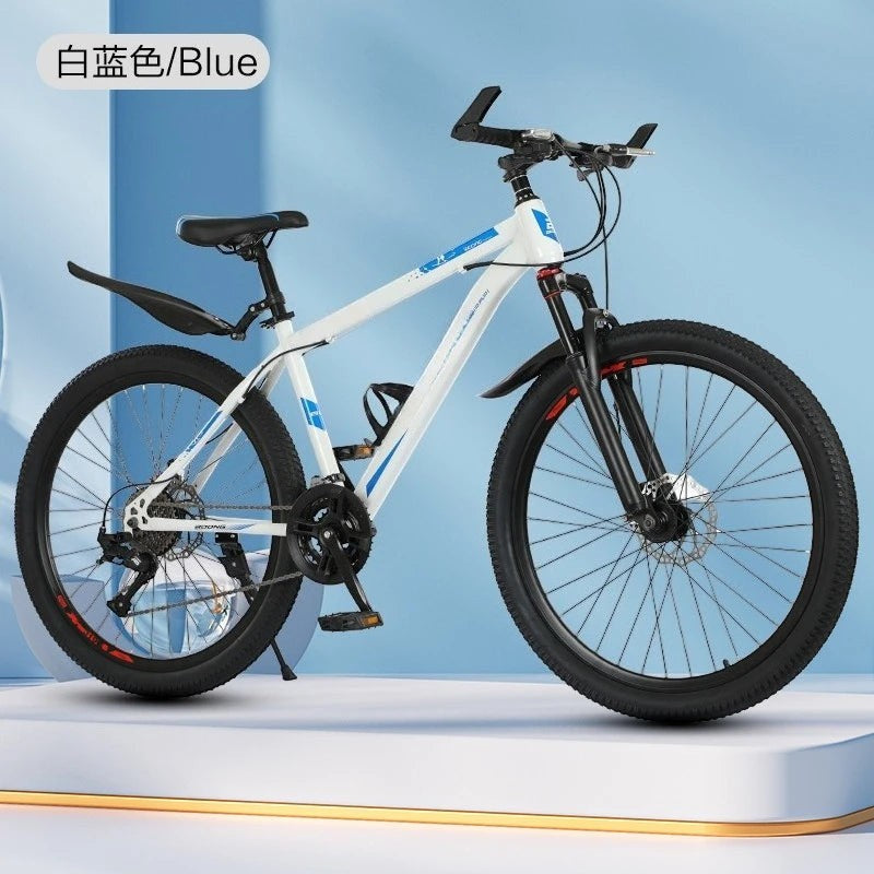 Bicicleta de montaña blanca y azul de Variedad Online con frenos de disco y suspensión delantera.