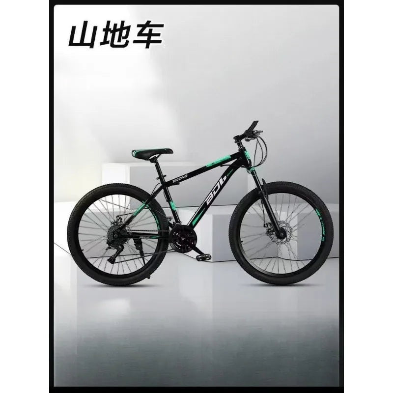 Bicicleta de montaña negra y verde de Variedad Online con frenos de disco y suspensión delantera.