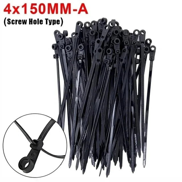 Bridas de nailon negras reutilizables y autoblocantes de Variedad Online con orificio para tornillo para organización de cables.