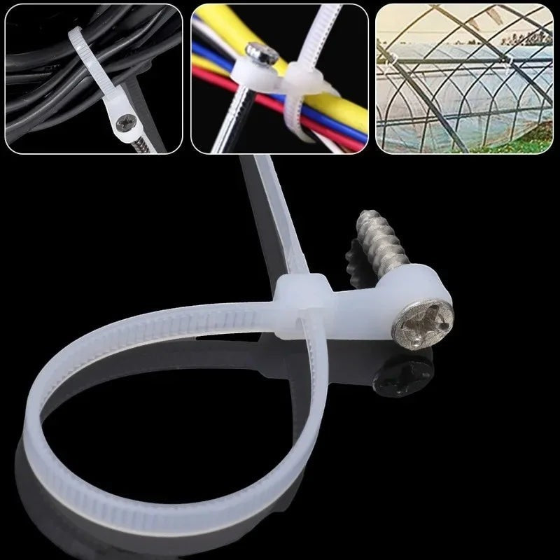 Bridas de nailon blancas reutilizables con orificio para tornillo de Variedad Online, ideales para organizar cables.