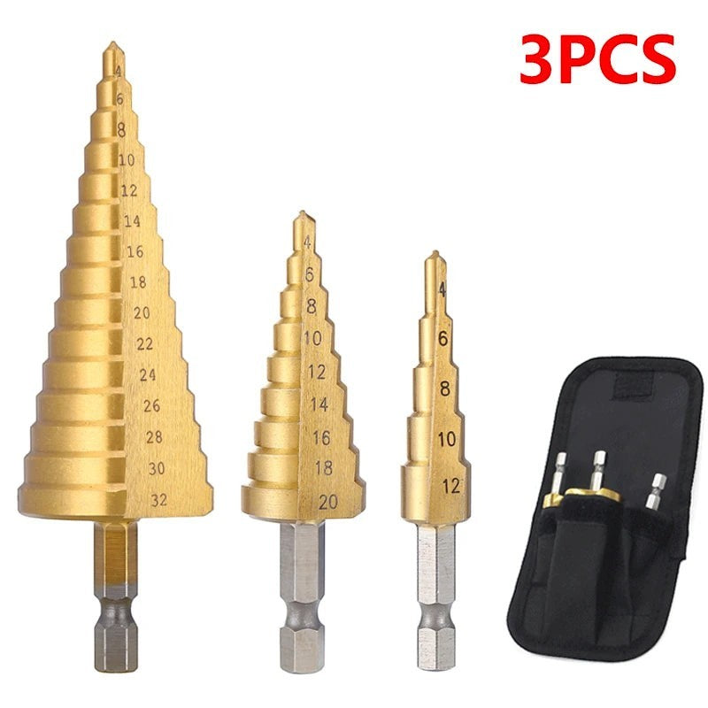 Variedad Online Broca escalonada hexagonal dorada para metal, 3 piezas, para perforar y ensanchar agujeros en metal y plástico.