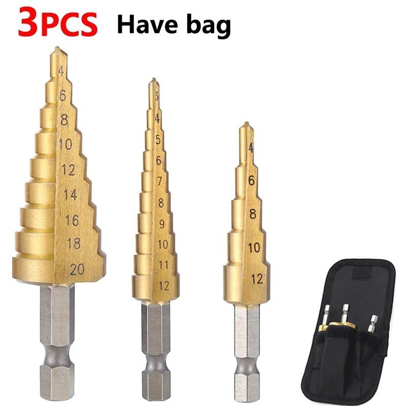 Variedad Online brocas escalonadas hexagonales de acero dorado para metal, 3 piezas con bolsa de almacenamiento.