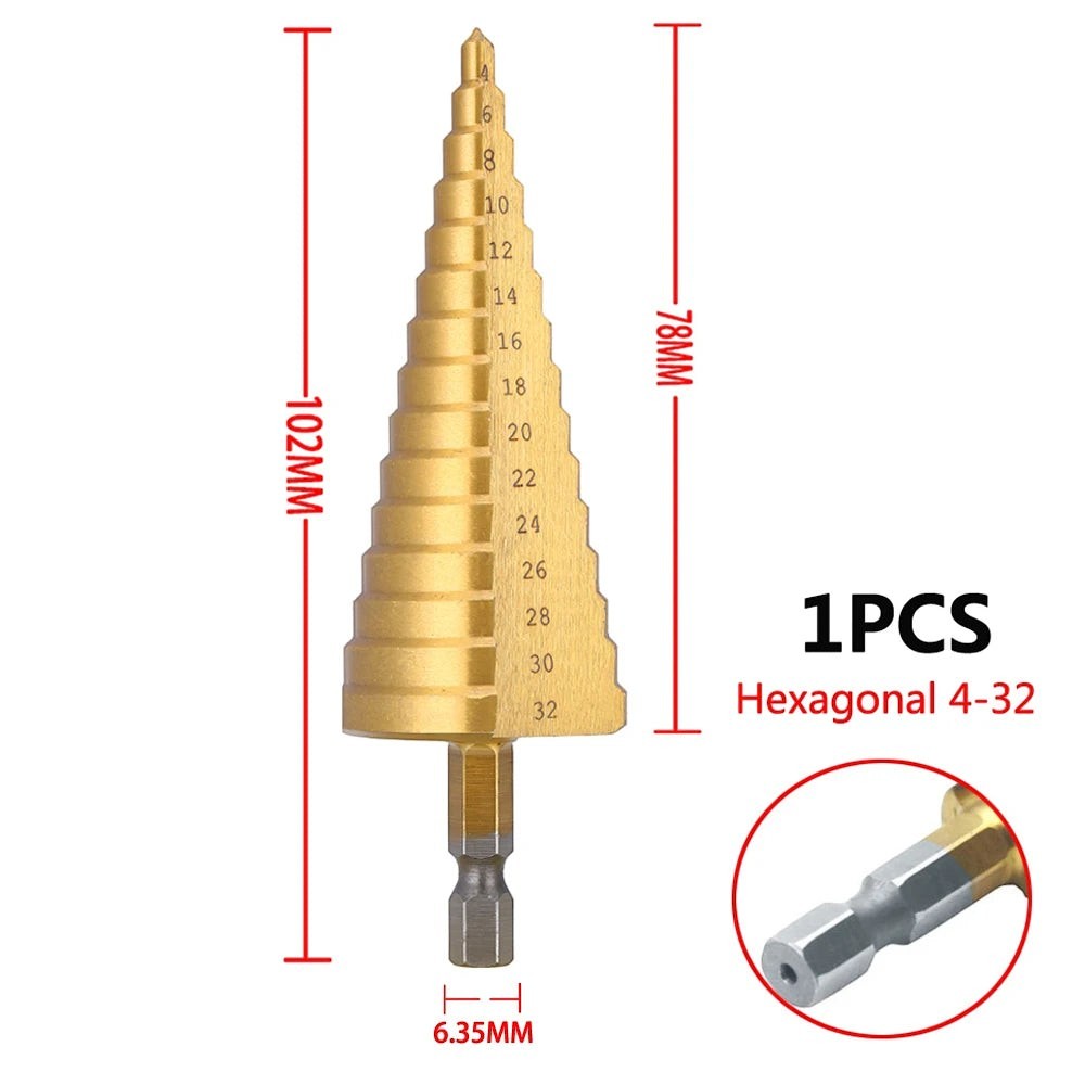 Broca escalonada hexagonal de metal de 4-32 mm de Variedad Online. Acero HSS con recubrimiento dorado, vástago de 6.35 mm.