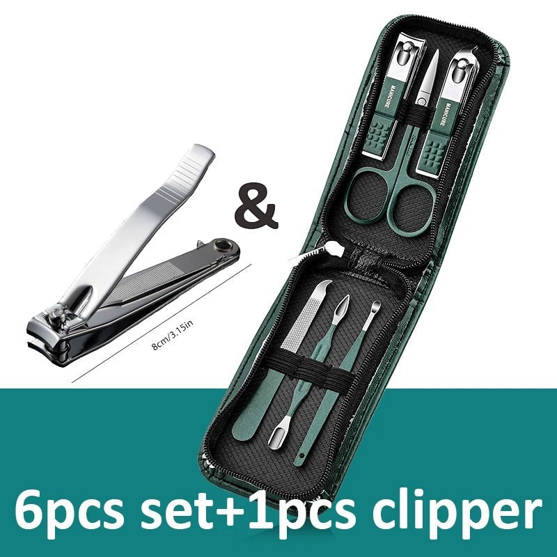Estuche de manicura profesional Variedad Online de seis piezas en verde, fabricado en acero inoxidable. Incluye cortaúñas, tijeras, lima y herramientas para cutículas.