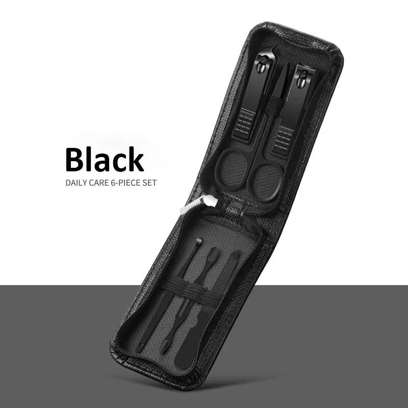 Estuche de manicura profesional negro de seis piezas de acero inoxidable de Variedad Online. Incluye cortaúñas, tijeras, lima y herramientas para cutículas.