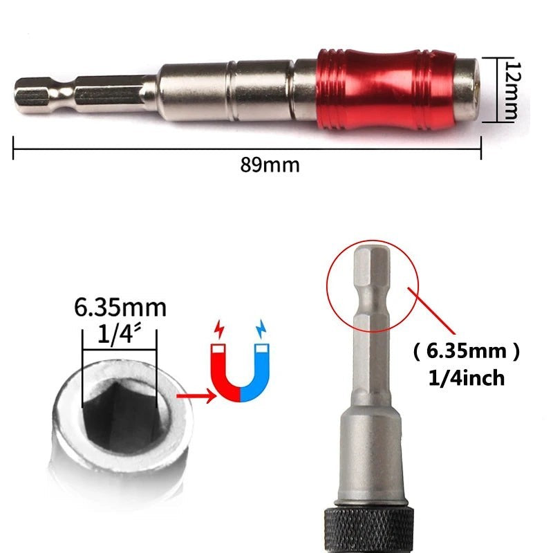 Variedad Online extensión de taladro magnética flexible de 89mm con mango rojo y punta de 6.35mm para espacios reducidos.