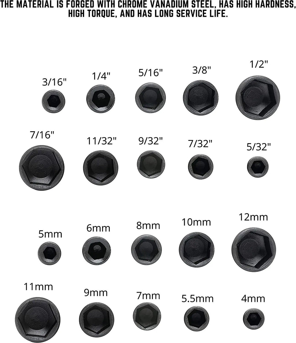 Variedad Online Juego de llaves de vaso para taladro de acero cromo vanadio, 9 piezas, tamaños métricos y en pulgadas.