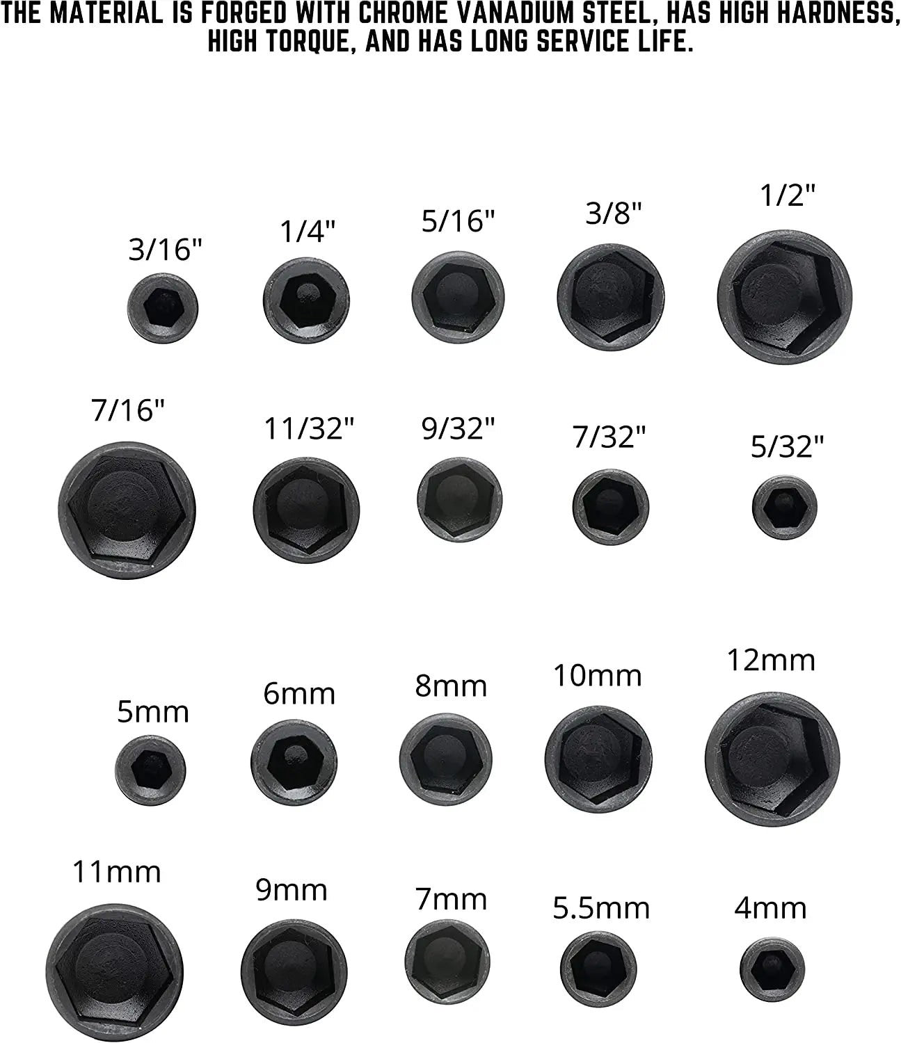 Variedad Online Juego de llaves de vaso para taladro de acero cromo vanadio, 9 piezas, tamaños métricos y en pulgadas.