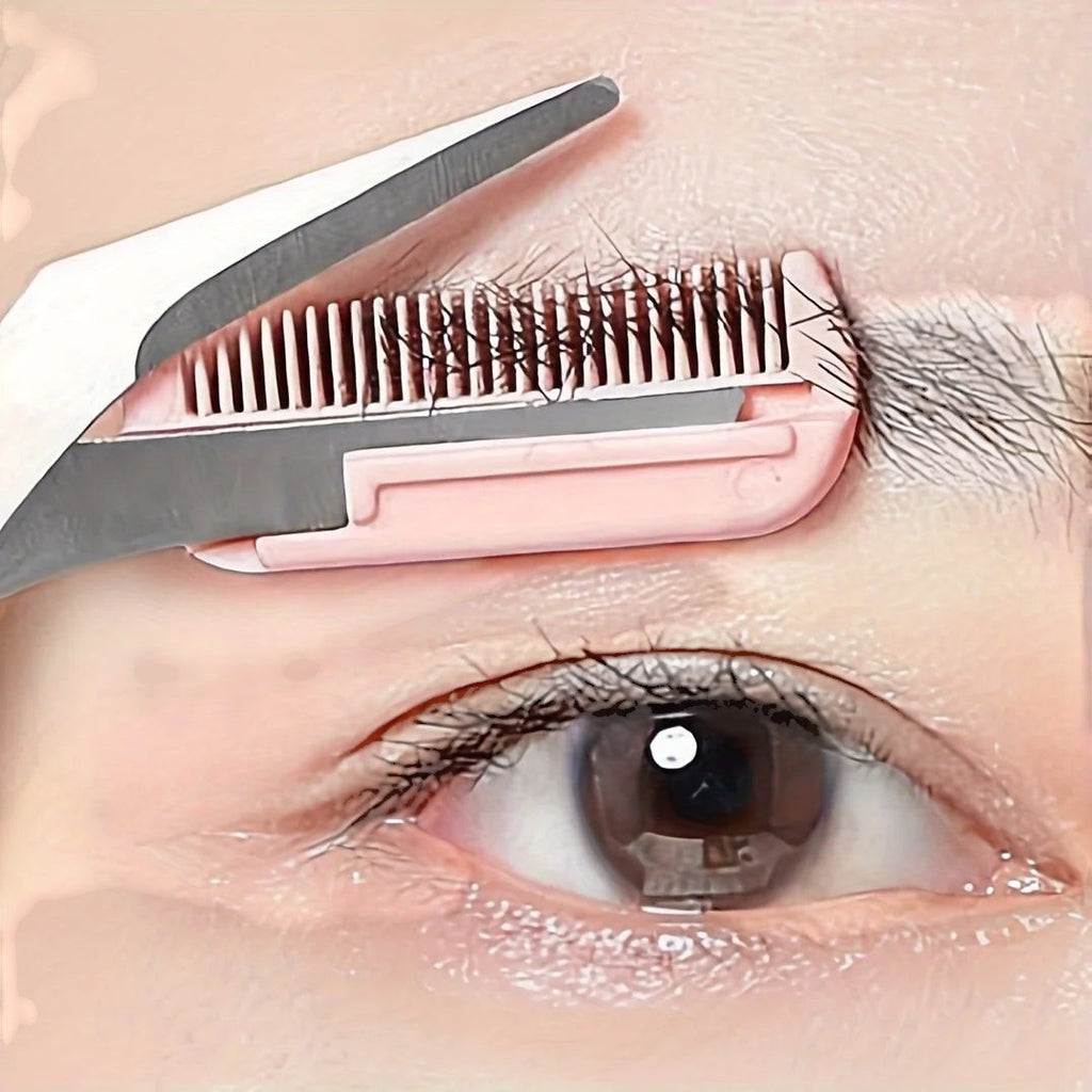 Tijeras para cejas Variedad Online de color rosa con peine integrado para recortar y dar forma a las cejas con precisión.