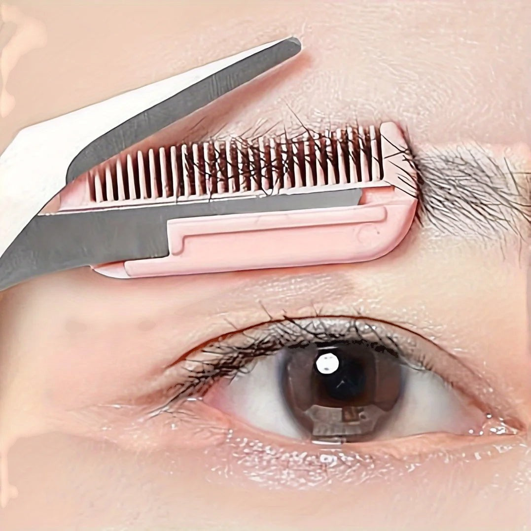 Tijeras para cejas Variedad Online de color rosa con peine integrado para recortar y dar forma a las cejas con precisión.